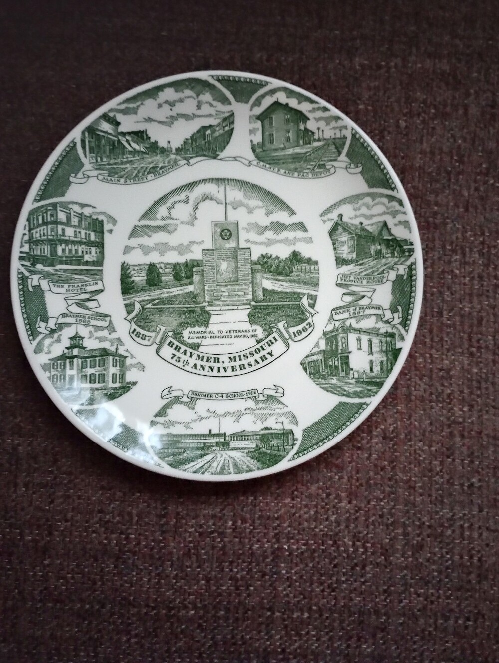 Vintage 1962 Braymer Missouri 75th Anniversary 10" Souvenir Collectors Plate